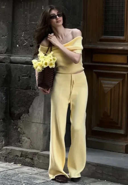 Yellow One-Shoulder Top & High-Waist Pants Office Party Set