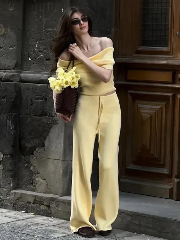 Chic Yellow Two-Piece Set: One-Shoulder Top & High-Waist Pants