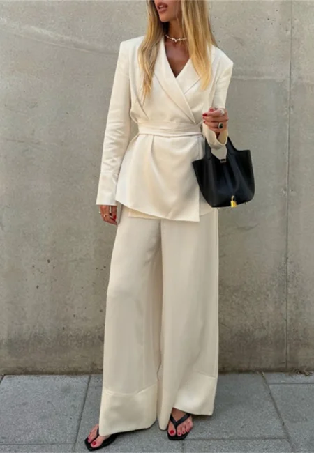 Elegant Apricot Two-Piece Set: Satin V-Neck & Wide Leg Trousers