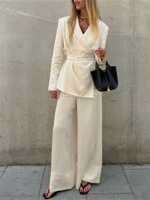 Elegant Apricot Two-Piece Set: Satin V-Neck & Wide Leg Trousers
