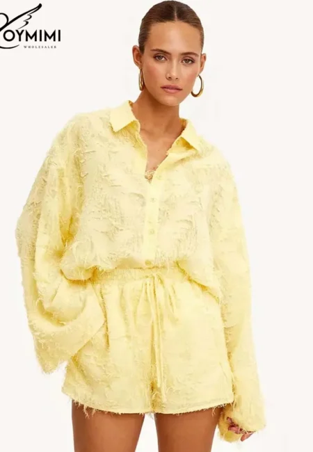 OYMIMI Yellow Feather Two Piece Autumn Streetwear Set Women