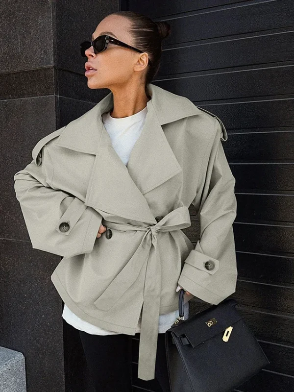 Linad Street Chic Light Khaki Jackets Office Patchwork Button Coat For Woman  Autumn Lace Up Tops Safari Style Outerwear