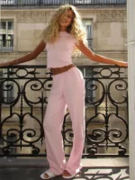 Chic Summer Leisure Suit: Wave Edge Crop Top & Pants Set