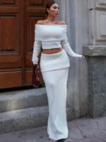 Chic One-Shoulder Knitted Skirt Set for Effortless Elegance - Image 2