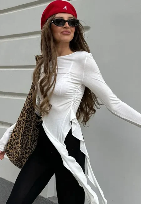 Asymmetrical Ruffle Long Sleeve Crop Top - O-Neck Women's Tee