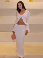 Elegant Pink V-Neck Cardigan Skirt Set for Autumn Style - Image 4