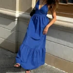 Elegant Blue Backless A-Line Spaghetti Strap Dress for Women - Image 4