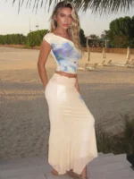 Chic Apricot Print Two-Piece Summer Set for Effortless Style - Image 3