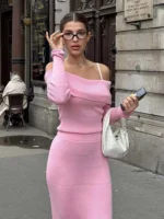 Chic One-Shoulder Knitted Skirt Set for Effortless Elegance - Image 2