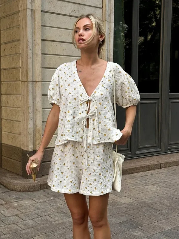 Chic V-Neck Printed Shorts Set for Effortless Summer Style