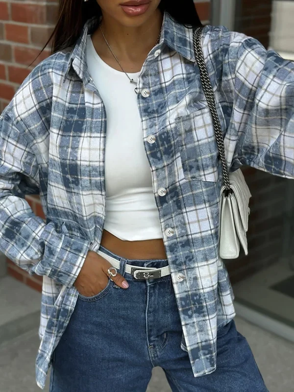 Linad Street Chic Plaid Long Sleeve Shirt Office Lady Single-Breasted Woman Blouse Casual Turn Down Collar Check Top  Spring