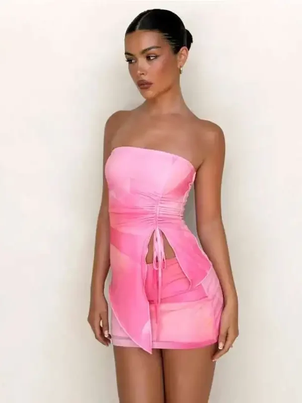 Vibrant Pink Two-Piece Set: Chic Crop & Mini Skirt Duo