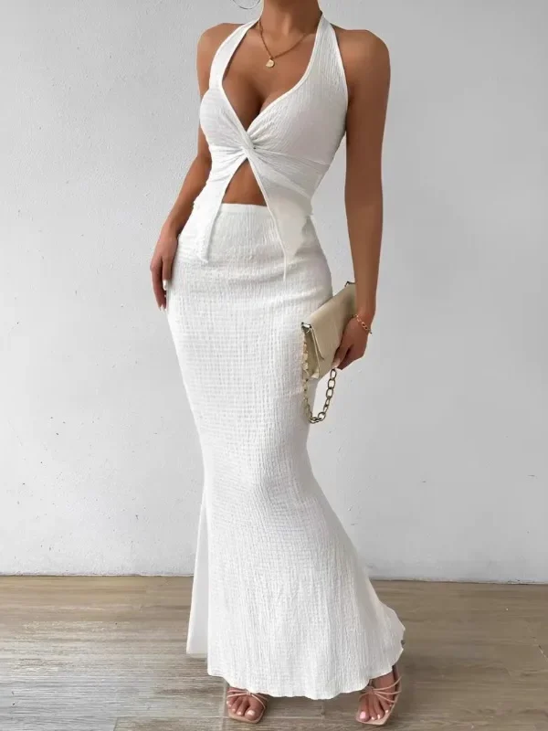 Chic Two-Piece Summer Set: Lace-Up Top & Long Skirt Elegance