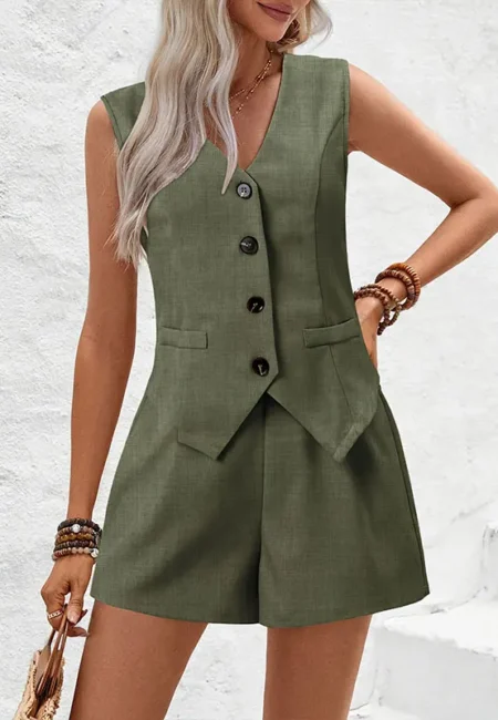 Sophisticated Two-Piece Vest Shorts Set - Office Ready Summer Style
