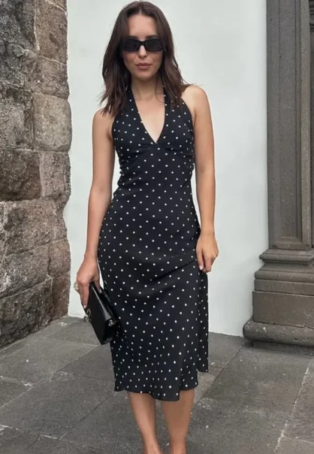 Polka Dot Backless V-Neck Midi Dress - Summer Party Essential