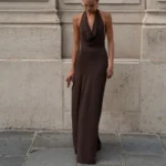 Vintage Brown Halter Backless Dress for Elegant Evenings
