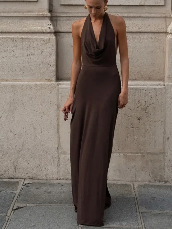 Vintage Brown Halter Backless Dress for Elegant Evenings