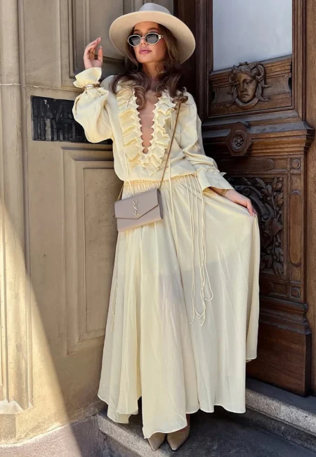 Elegant Ruffled Skirt Suit with V-Neck Top for Women