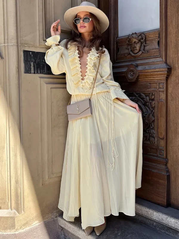 Elegant Ruffled Skirt Suit with V-Neck Top for Women