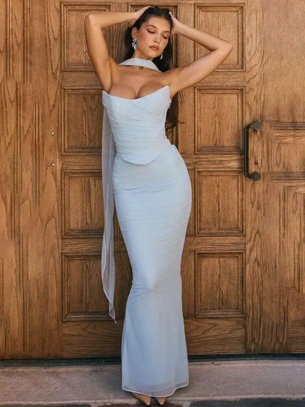 Chic Summer Party Mesh Two Piece Set with Elegant Scarf