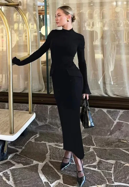 Sophisticated Turtleneck Maxi Dress Back Slit Office Casual