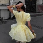 Sunshine Yellow High Waist Mini Dress with Lace-Up V-Neck - Image 5