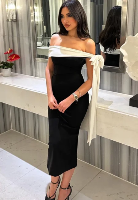 Elegant One-Shoulder Black Evening Dress with Bow Tie Detail