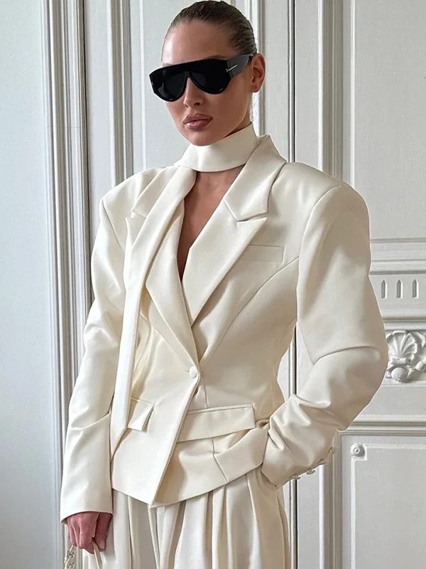 Ribbon Waist-Cinching Blazer Women's Lapel V Neck Long Sleeve Buttons Jacket Female Fashion Lady Office Formal Chic Coat