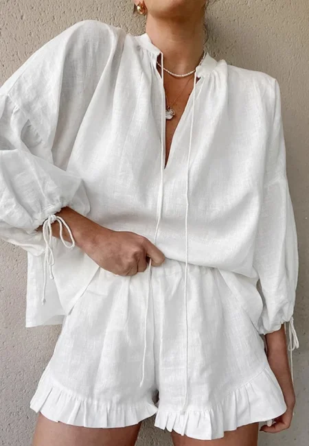 White Lantern Sleeve Lace-Up Set - Summer Office Lady Outfit