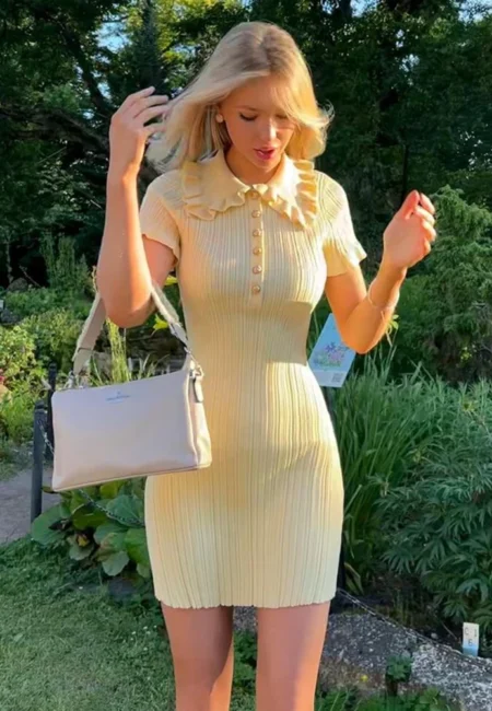 Vintage Ruffled Summer Mini Dress Women High Waist Button Detail