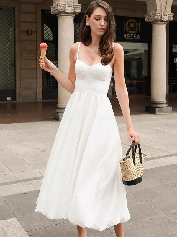 Elegant White Spaghetti Strap Dress for Resort & Evening Wear