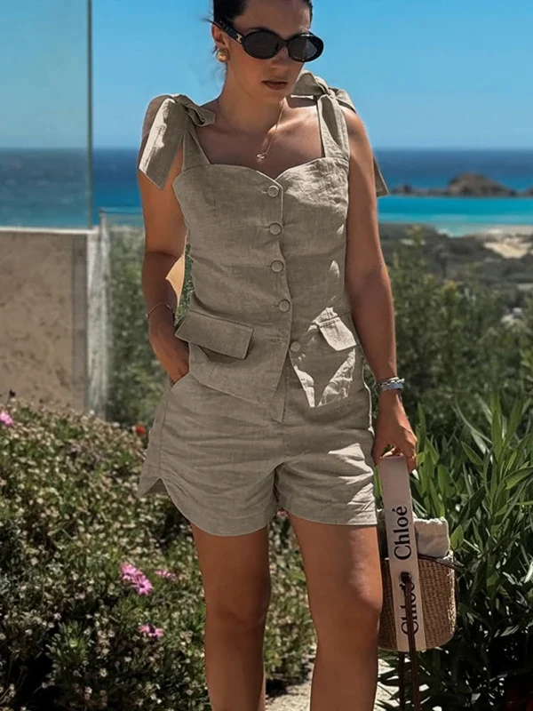 Khaki Cotton Bow Suspender Vest & Shorts Set for Summer Chic