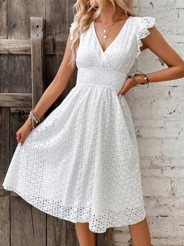 Summer Women V-Neck Beach Dress Flare Sleeve Solid Color Hollow Lace Waist Dress Casual Beach Holiday Dresses