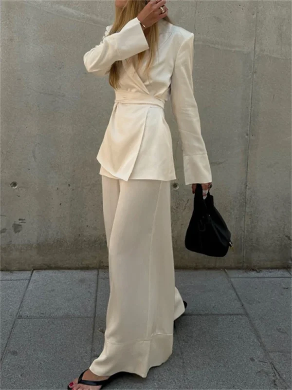 Elegant Apricot Two-Piece Set: Satin V-Neck & Wide Leg Trousers