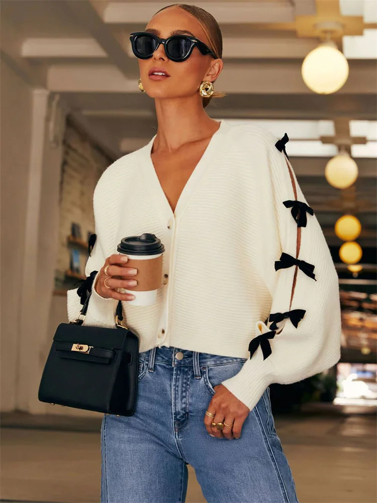 kf-Sb0c250fef1154899b537571e633fd604E White Bow V-Neck Cardigan - Cozy Patchwork Knit for Women