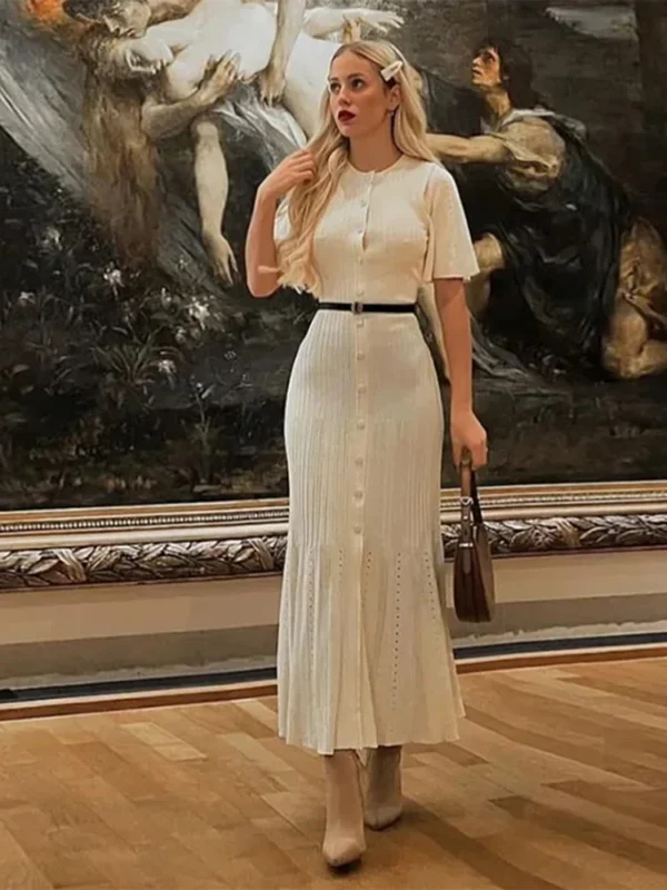 Knit Solid Women's Dress Short Sleeve O Neck Lady Dresses  Elegant Summer Single Breasted Hip Package High Waist Female Rube