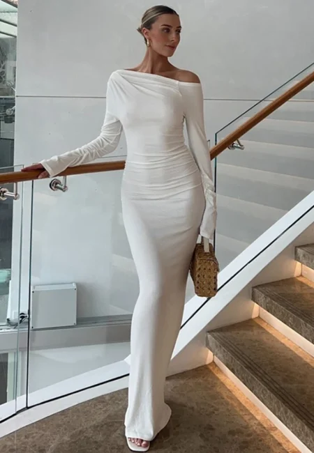 Elegant White Maxi Dress with Skew Collar for Women