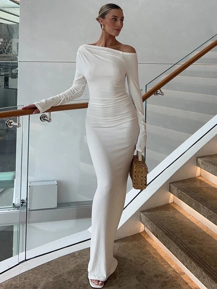 kf-Sb6f158abca044b4b8355d98071c48c55o Elegant White Maxi Dress with Skew Collar for Women