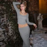 Chic Lace Long Sleeve Top & High Waist Skirt Set for Women - Image 4