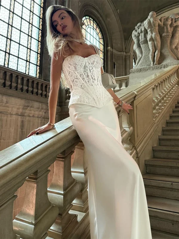 Chic Satin Maxi Skirt & Lace Tube Top Set for Elegant Women