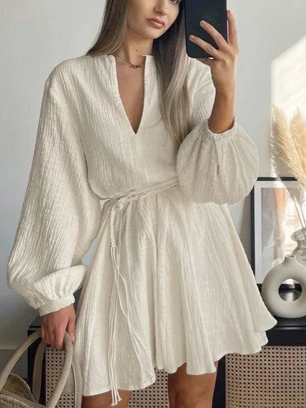 MoopsiCasual White Long Sleeve Dress Female Cotton A-line Short Dress Loose V Neck Lace Up Office Lady Outfits High Waist New