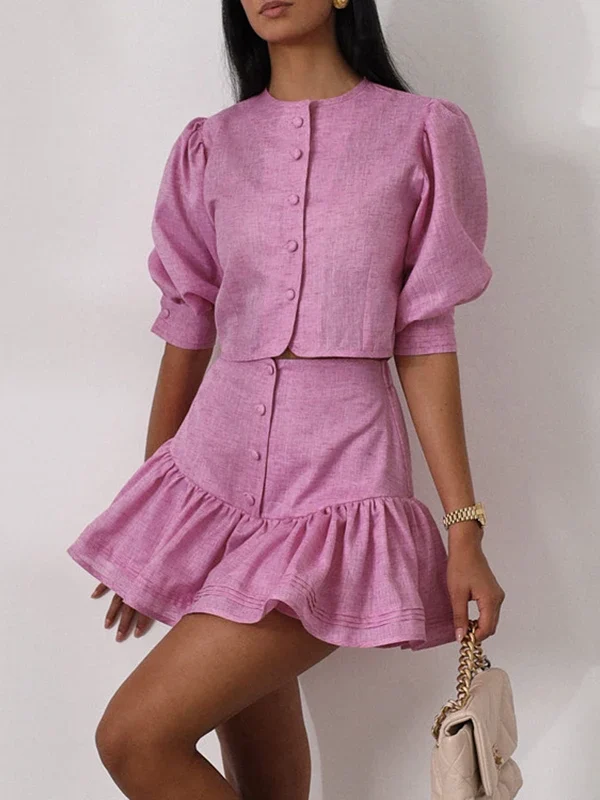 Chic Pink A-Line Mini Skirt Set with Puff Sleeve Top