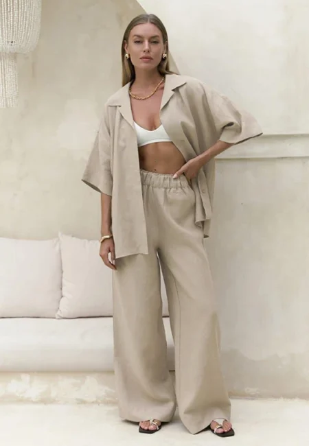 Luxe High Waist Wide Leg Cotton Two Piece Set Women Summer