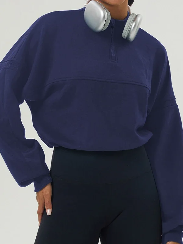 Luxurious Autumn Half-Zip Crop Sweatshirt for Active Women