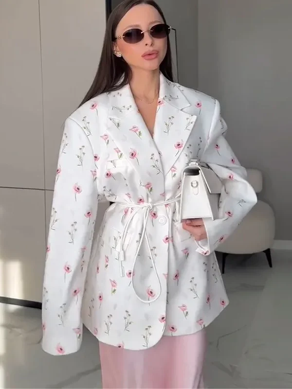 Moopsi  Women Printed Blazer Fashion Loose Casual Contrast Printed Lace-Up Jacket Tops New Commuter High Street Women Coats