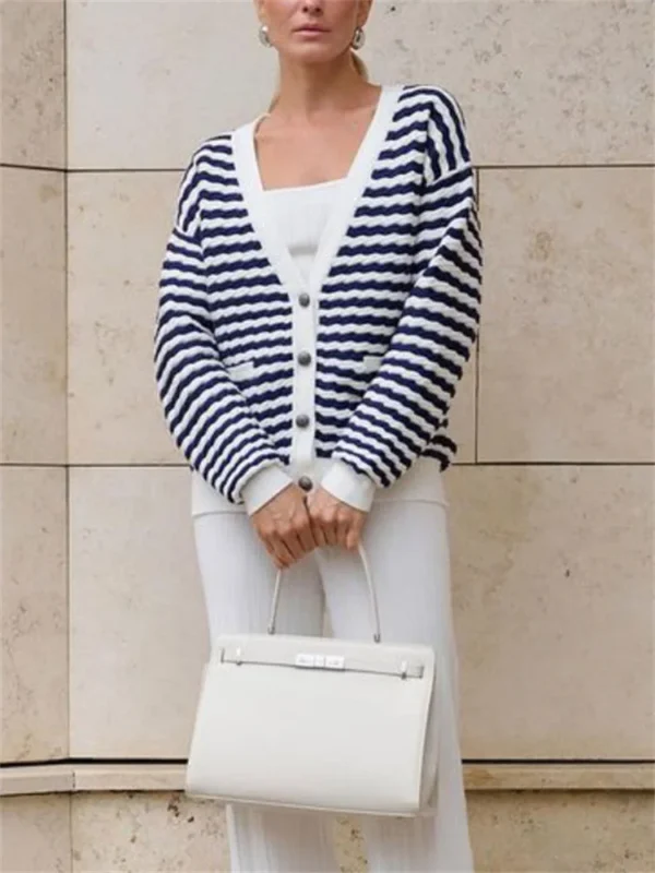 Chic V-Neck Striped Knit Cardigan for Effortless Style