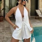 Chic White Two-Piece Set: Lace-Up Top & Relaxed Shorts - Image 2