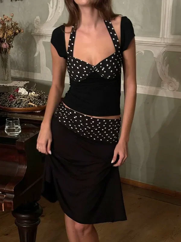 Chic Women's Polka Dot Two-Piece Skirt Set for Casual Elegance