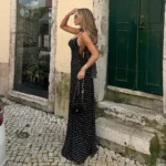Elegant Black Polka Dot V-Neck Long Dress for Stylish Women - Image 2