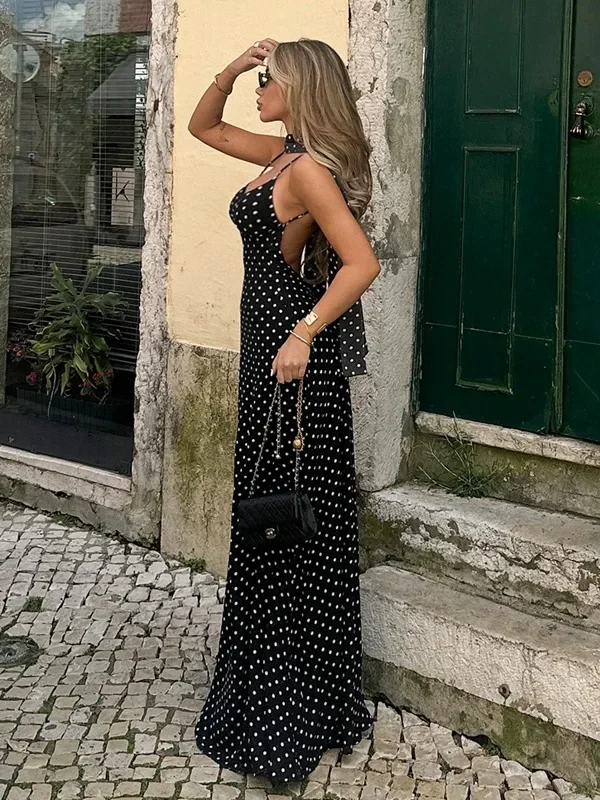 Elegant Black Polka Dot V-Neck Long Dress for Stylish Women